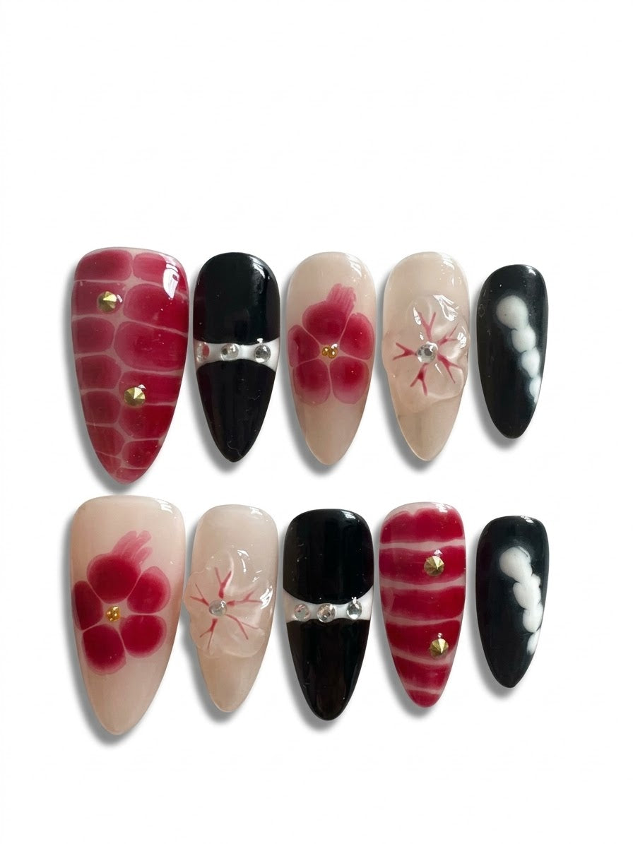 Burgundy Bloom & Noir Press - On Nails Set