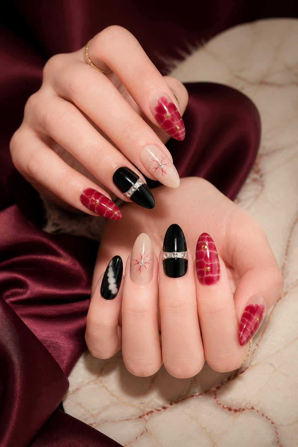 Burgundy Bloom & Noir Press - On Nails Set