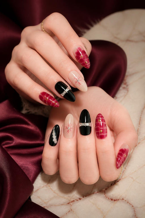 Burgundy Bloom & Noir Press - On Nails Set
