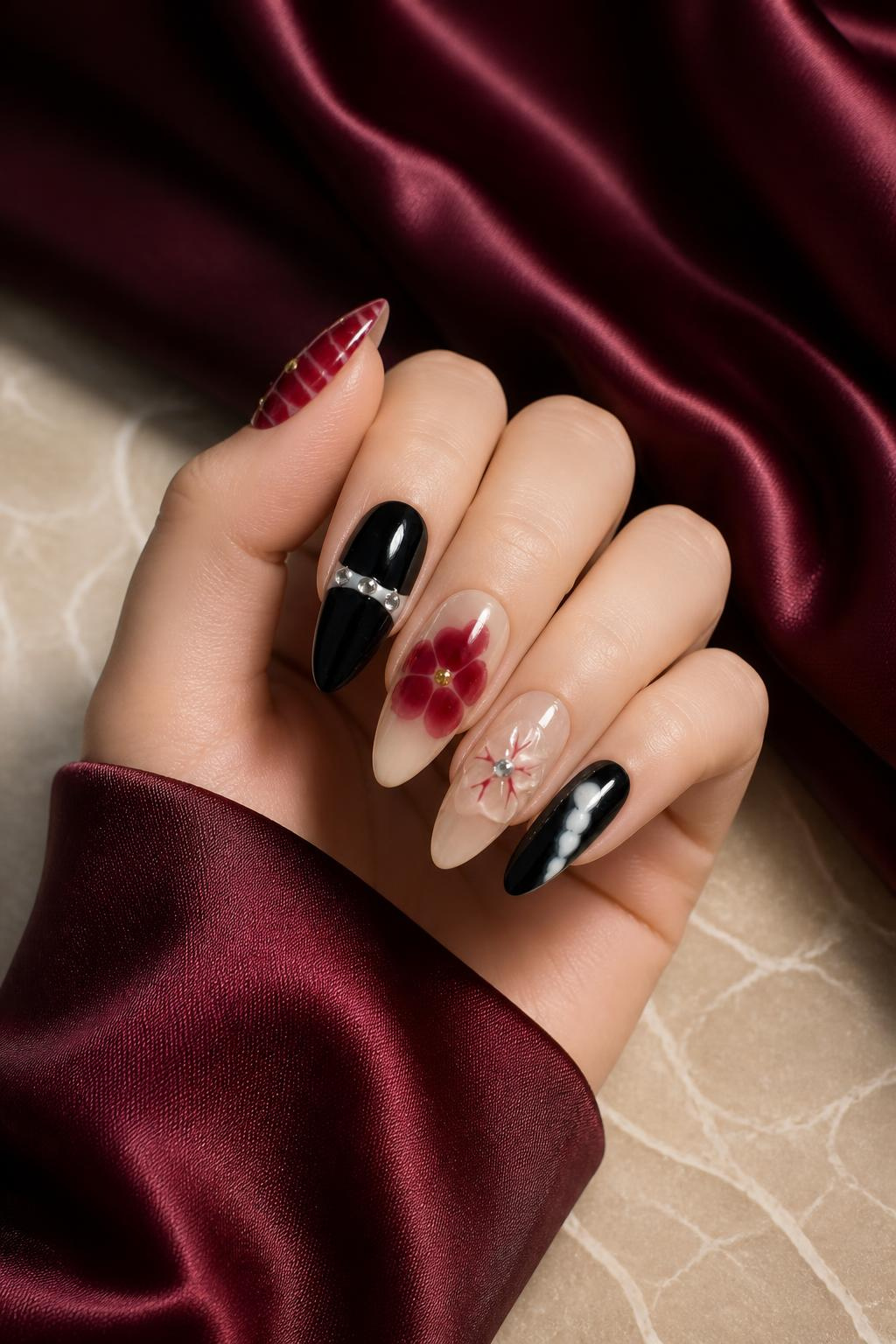 Burgundy Bloom & Noir Press - On Nails Set