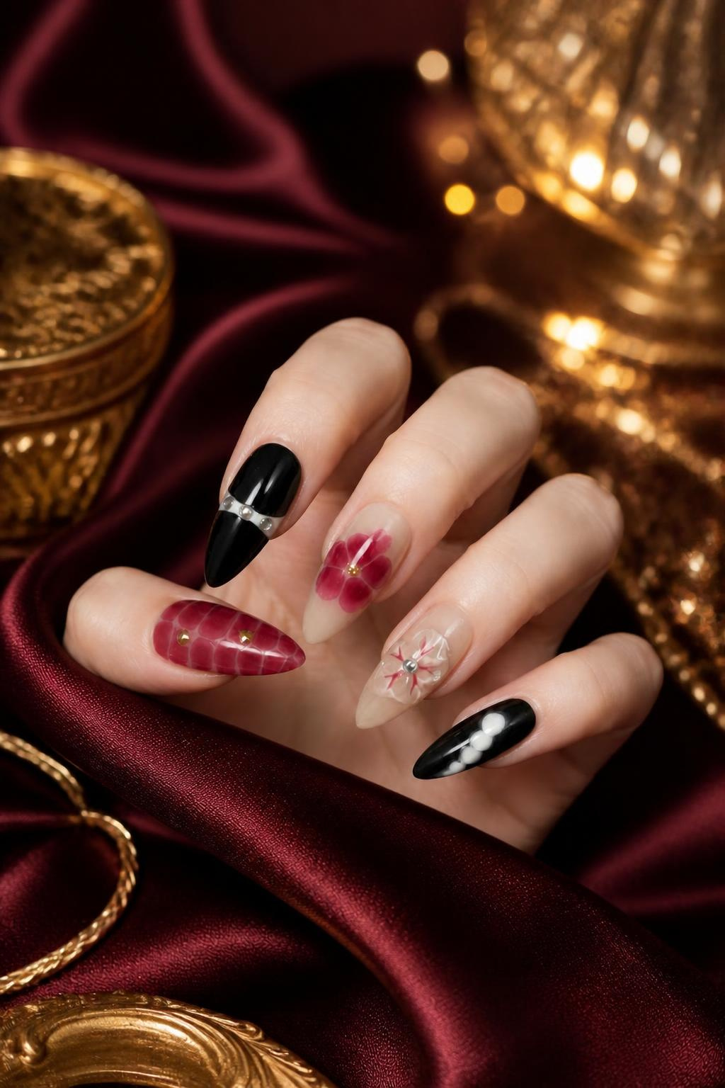 Burgundy Bloom & Noir Press - On Nails Set
