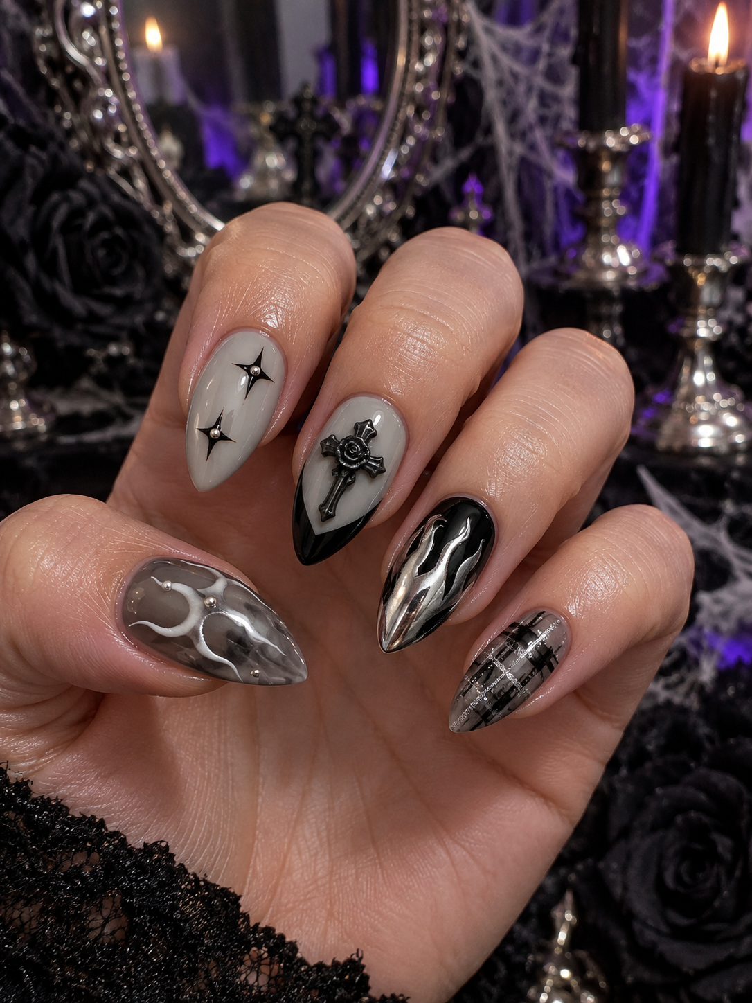 Silver Eclipse - Short Almond Gothic Press-On Nails