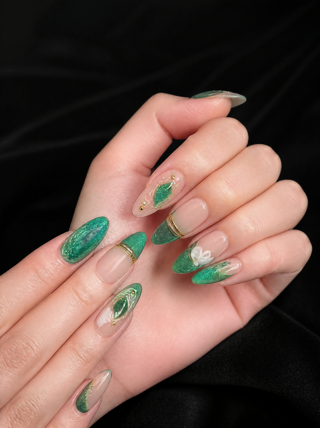 Emerald Bloom - Green & Gold Press - On Nails