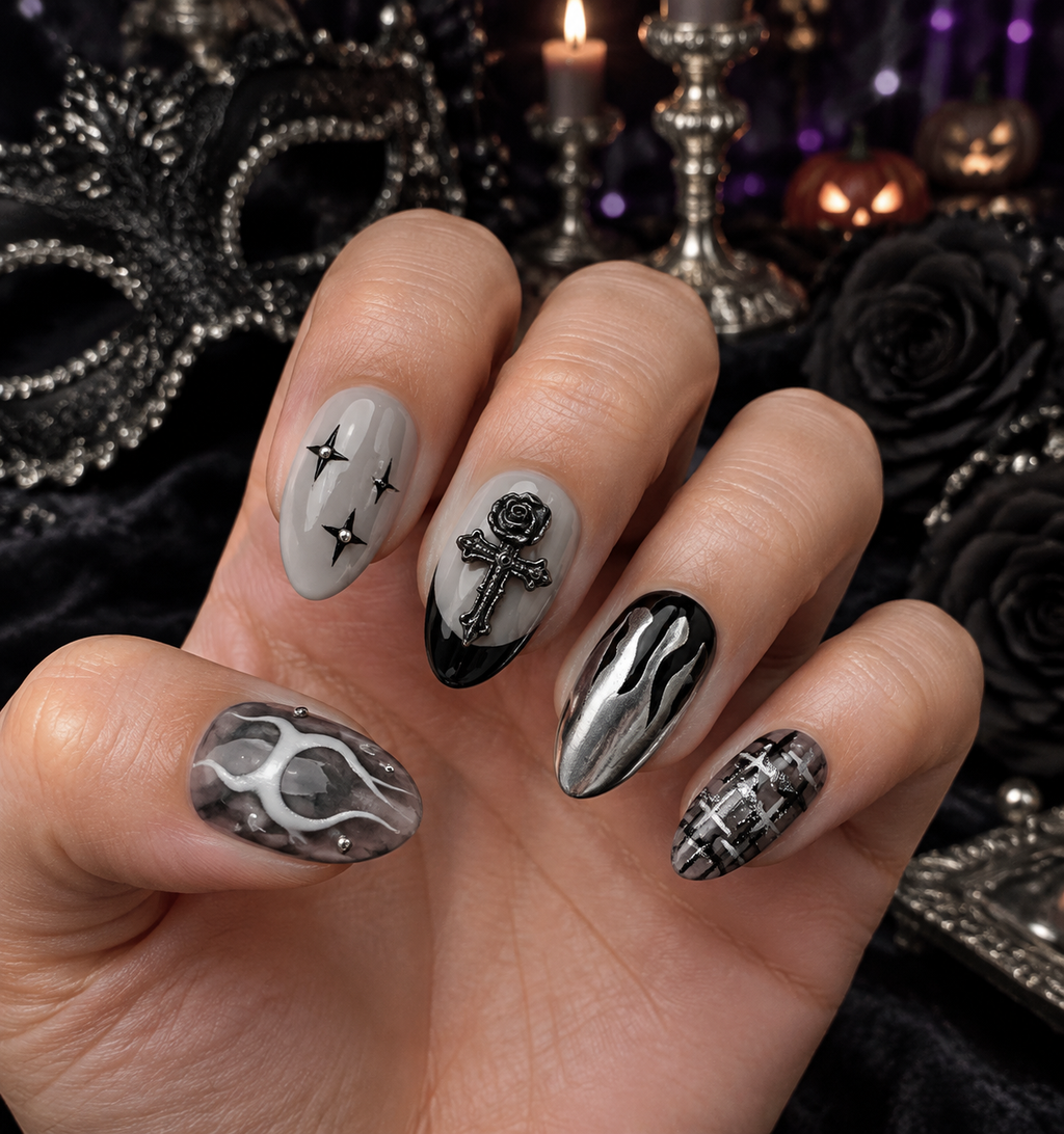 Silver Eclipse - Short Almond Gothic Press-On Nails