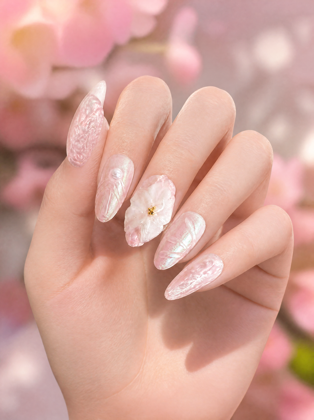 Blush Petal - Iridescent 3D Floral Press - On Nails