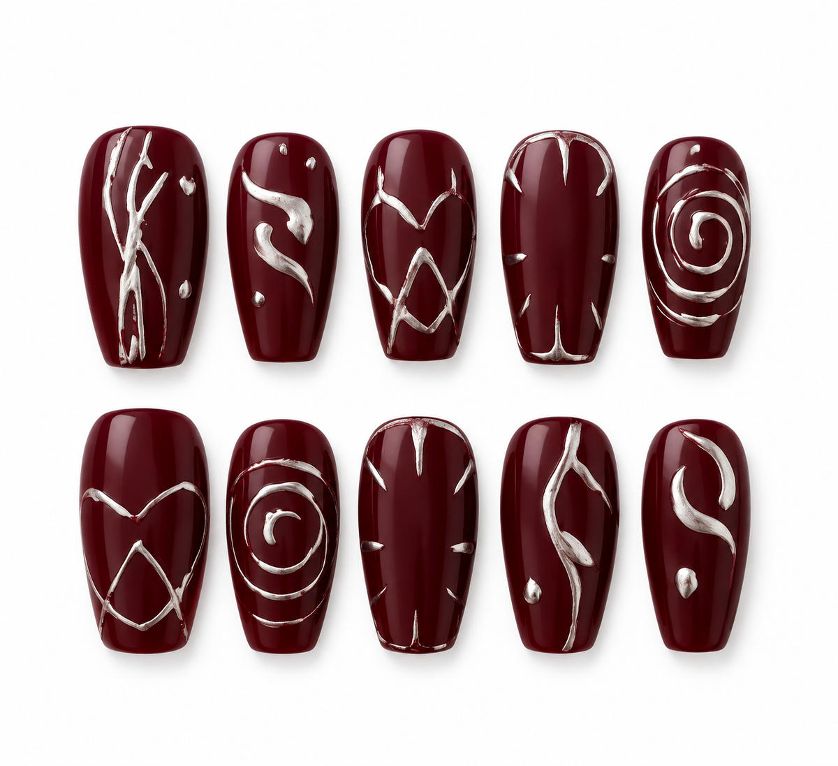 Crimson Enchantment - Burgundy & Silver Press - On Nails