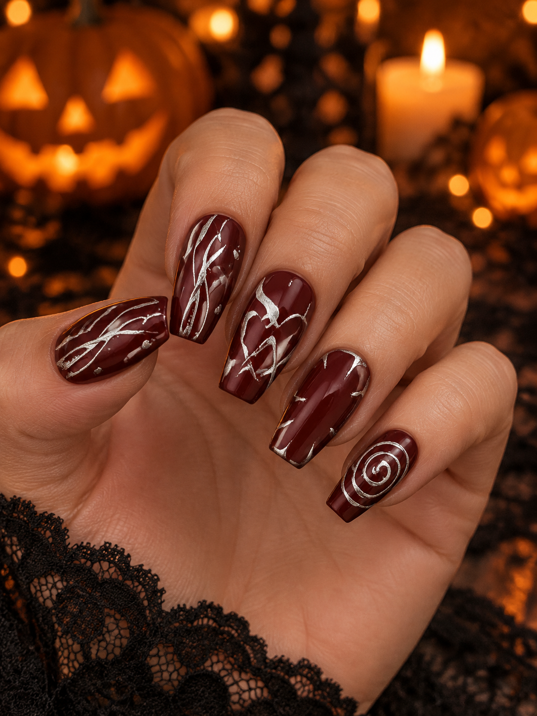 Crimson Enchantment - Burgundy & Silver Press - On Nails