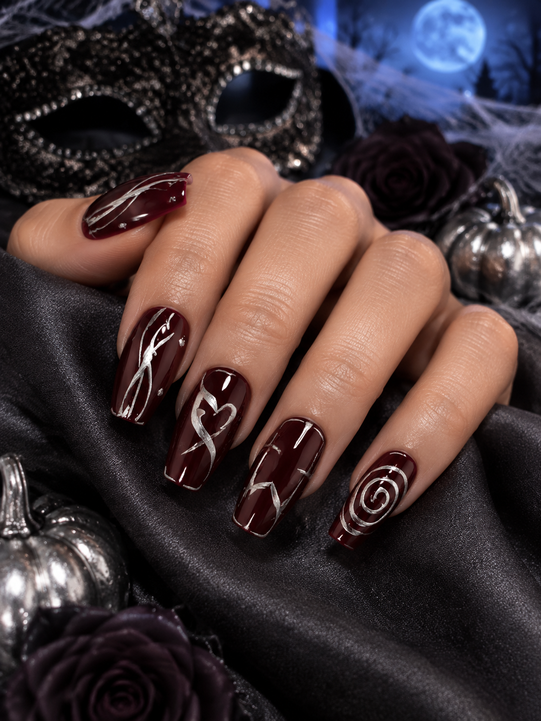 Crimson Enchantment - Burgundy & Silver Press - On Nails