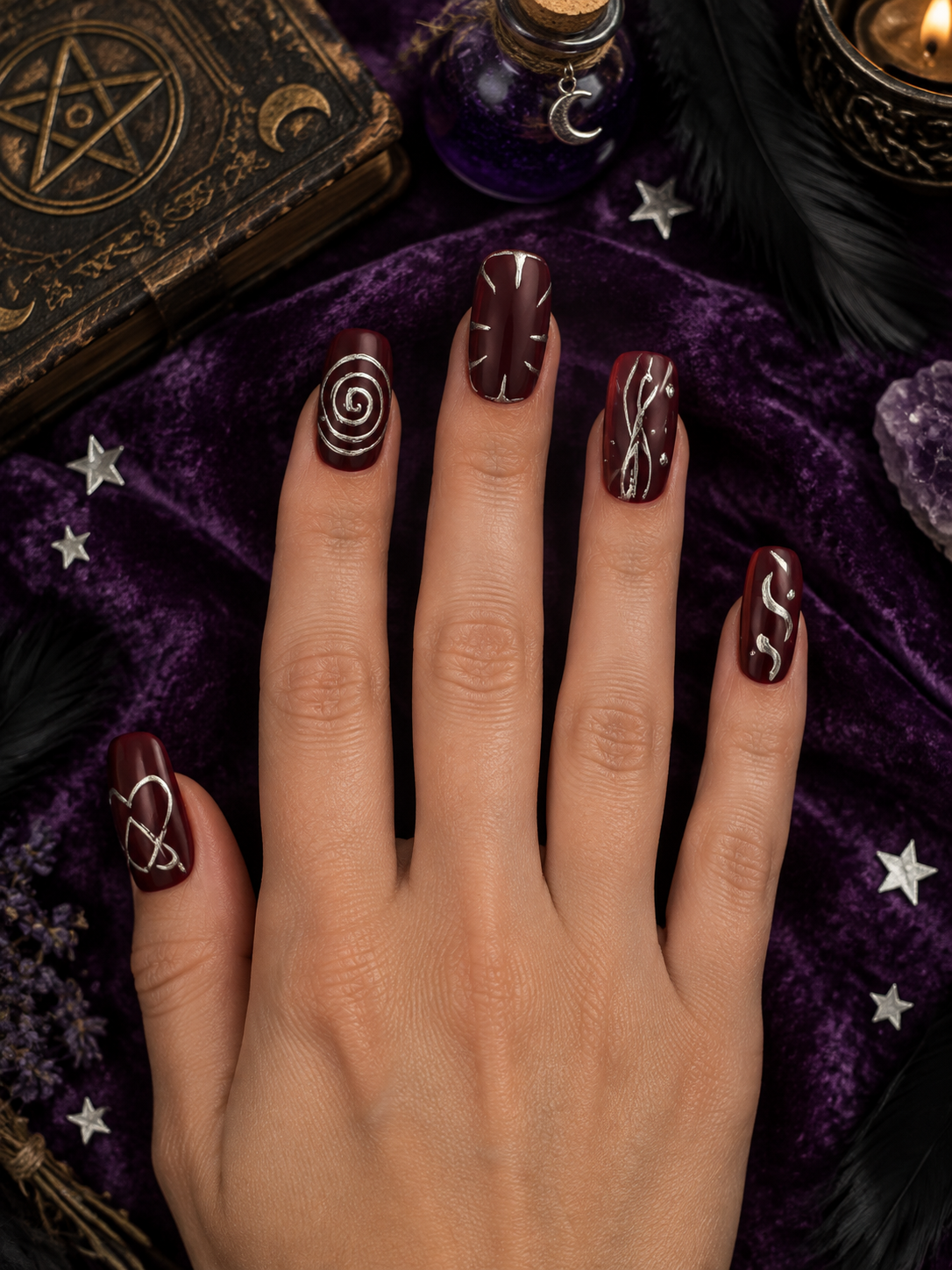 Crimson Enchantment - Burgundy & Silver Press - On Nails