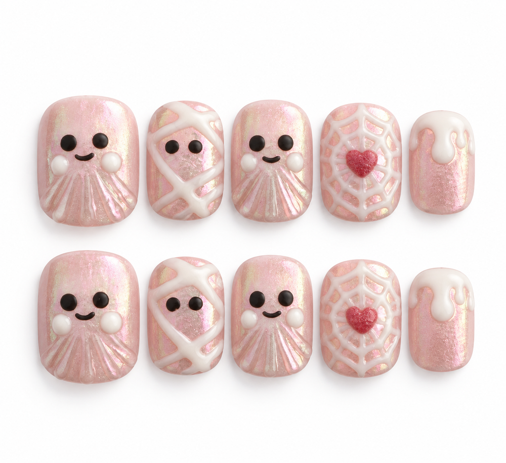 Pink Boo - Short Round Halloween Press - On Nails
