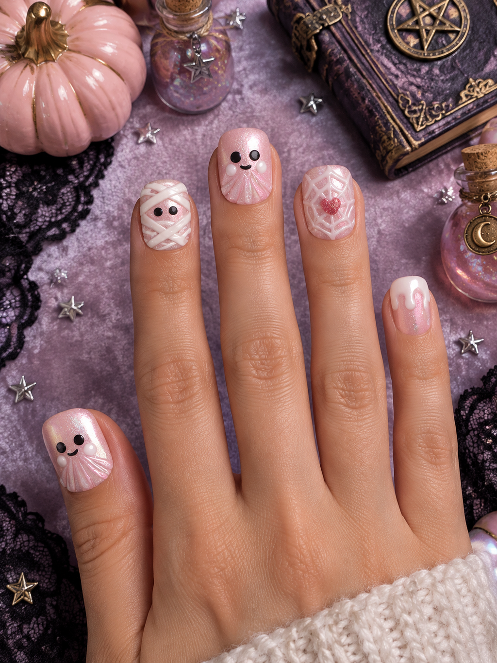 Pink Boo - Short Round Halloween Press - On Nails