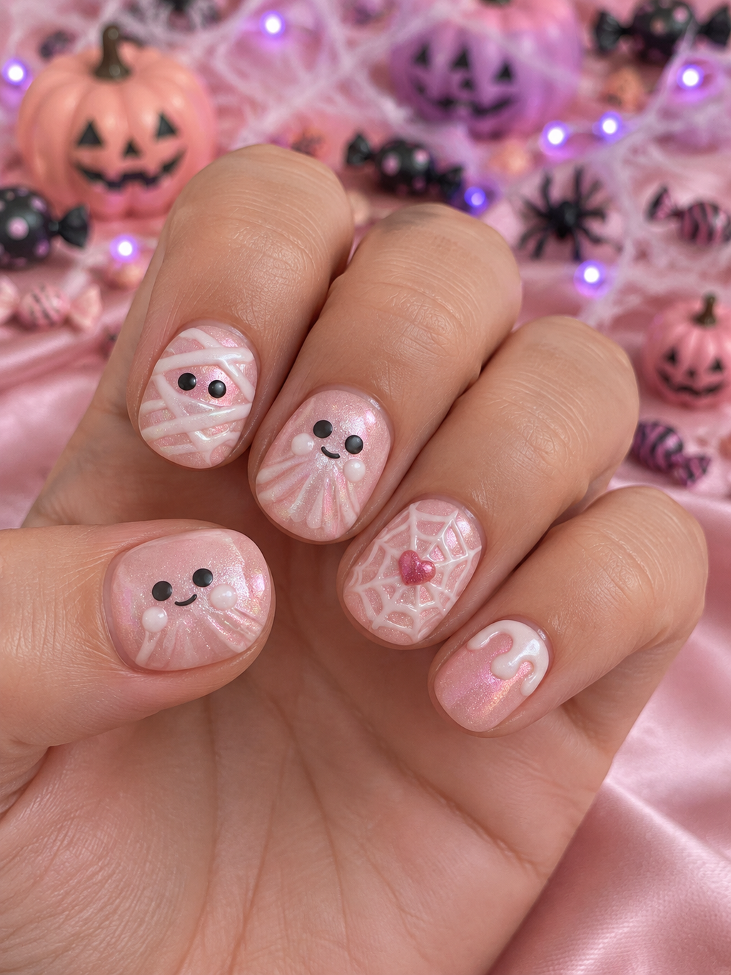 Pink Boo - Short Round Halloween Press - On Nails