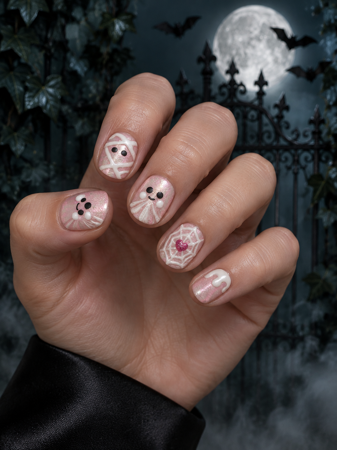 Pink Boo - Short Round Halloween Press - On Nails