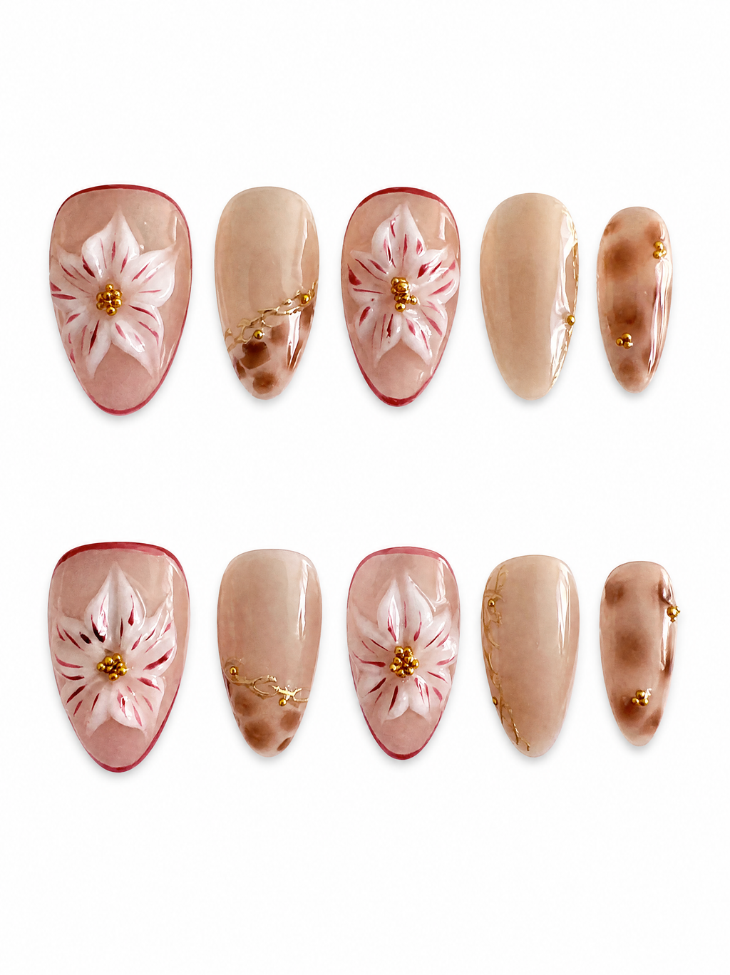 Golden Bloom - 3D Floral Press - On Nails