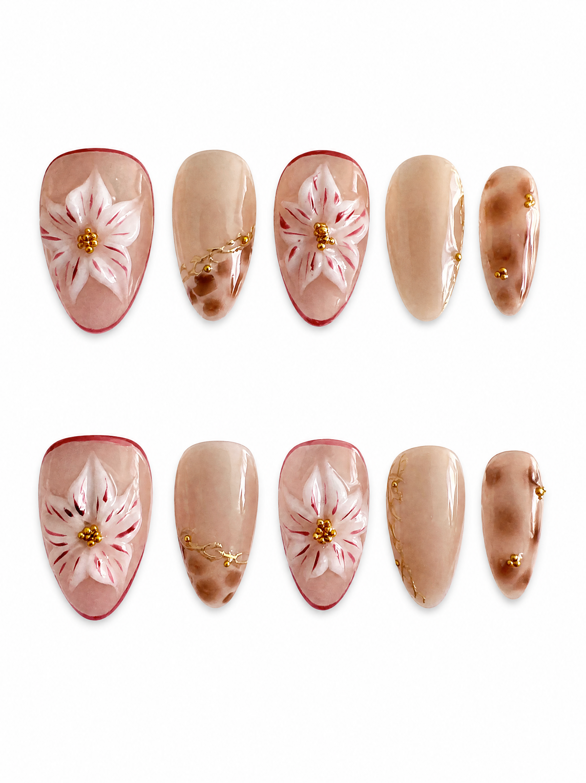 Golden Bloom - 3D Floral Press - On Nails