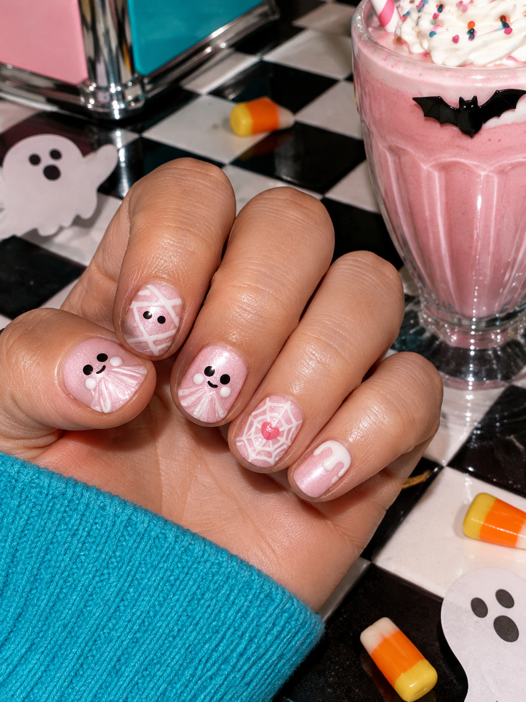 Pink Boo - Short Round Halloween Press - On Nails