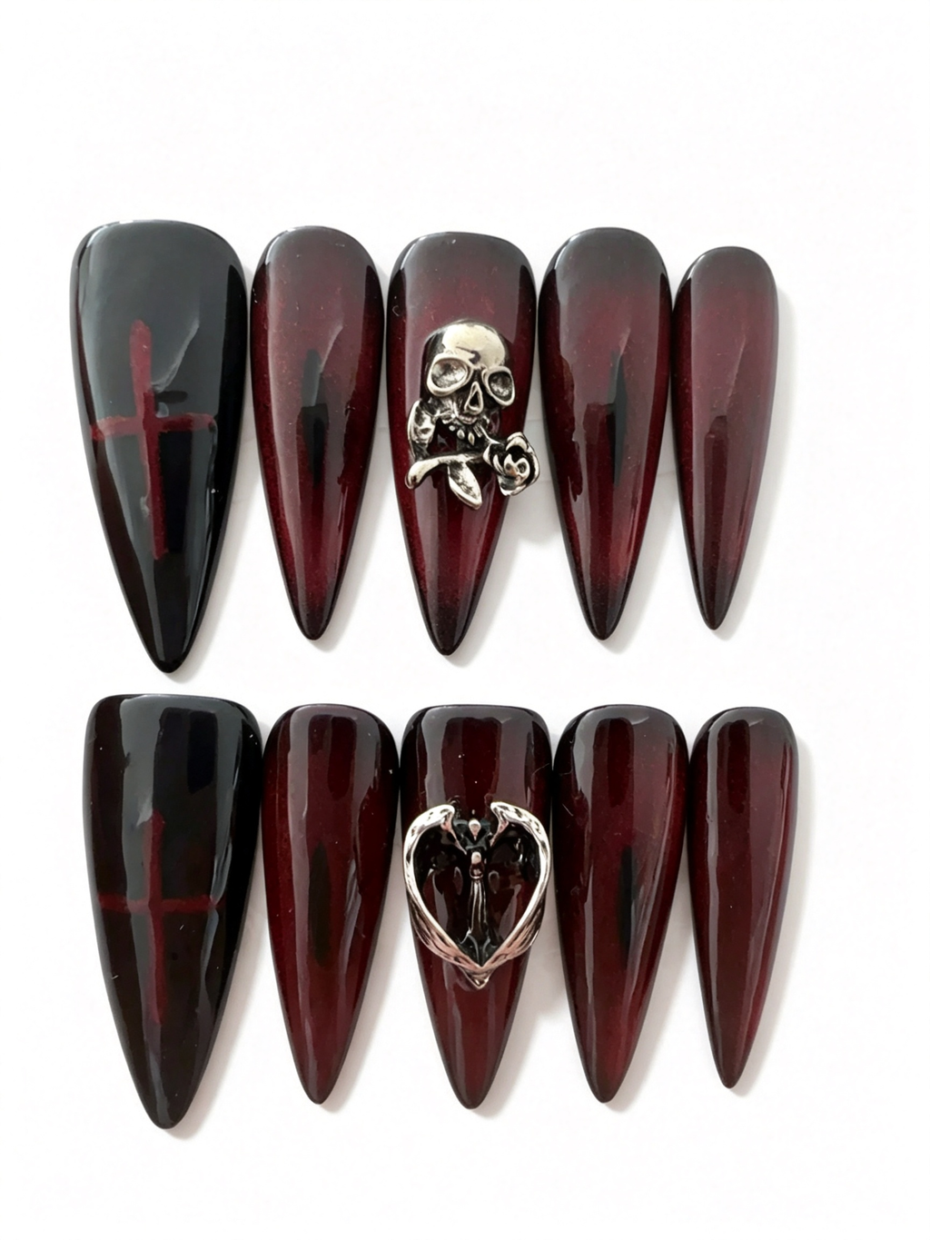 Gothic Red Black Cat Eye Stiletto Press-On Nails