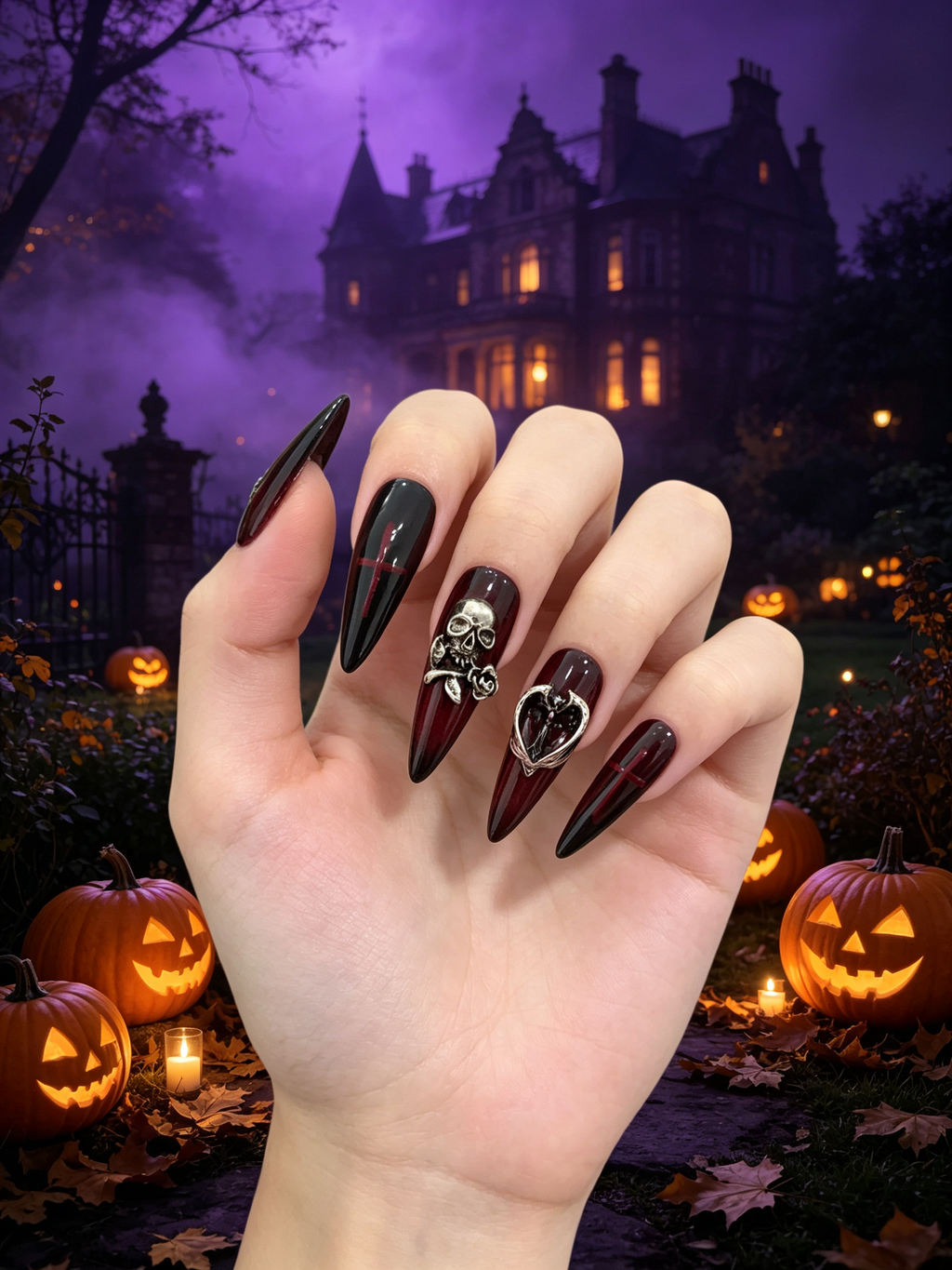 Gothic Red Black Cat Eye Stiletto Press-On Nails