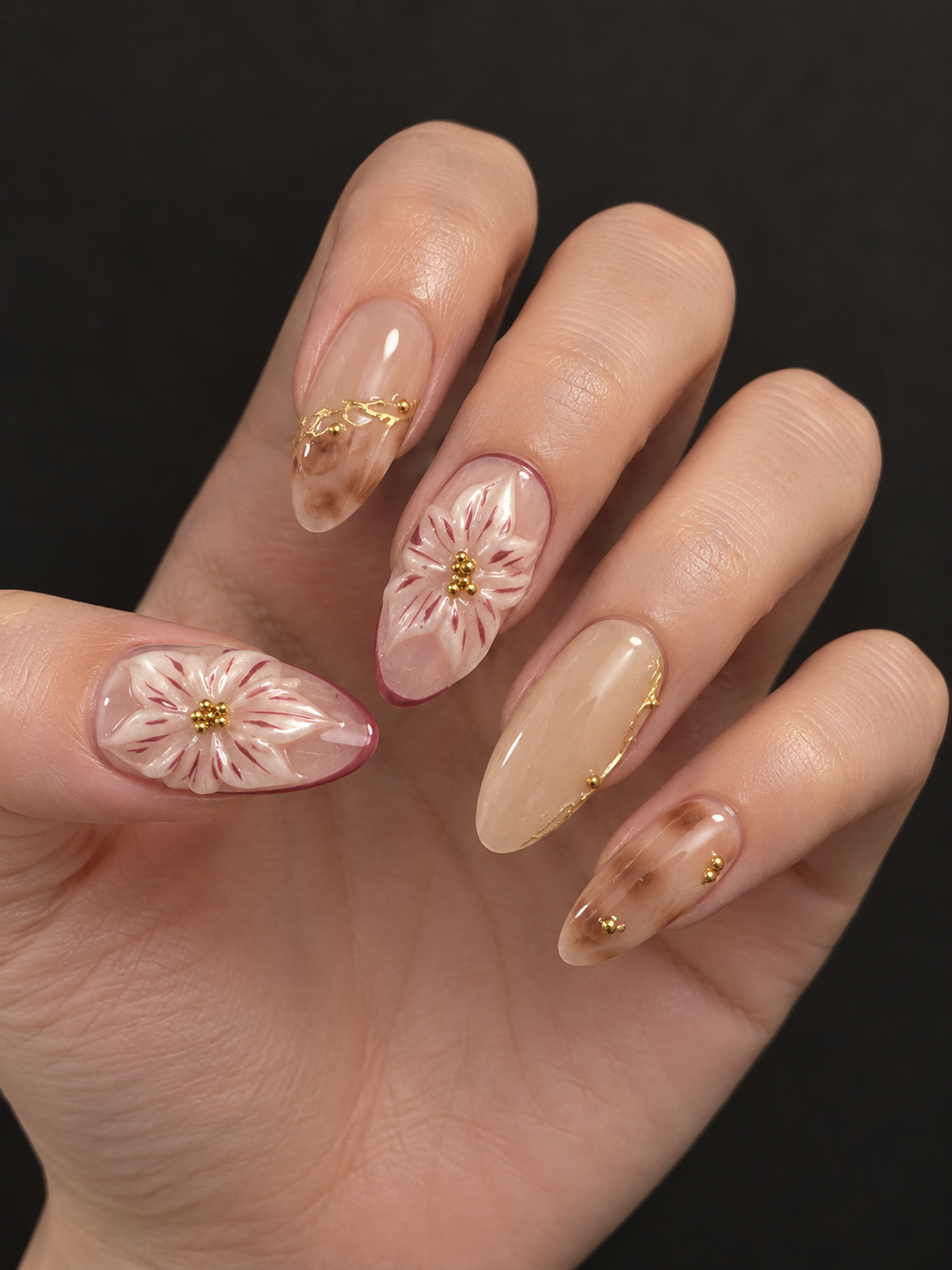 Golden Bloom - 3D Floral Press - On Nails