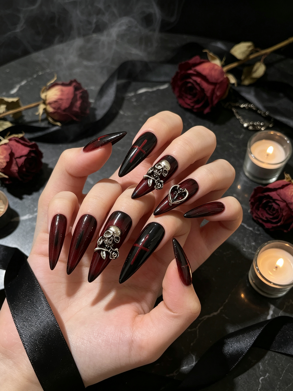 Gothic Red Black Cat Eye Stiletto Press-On Nails