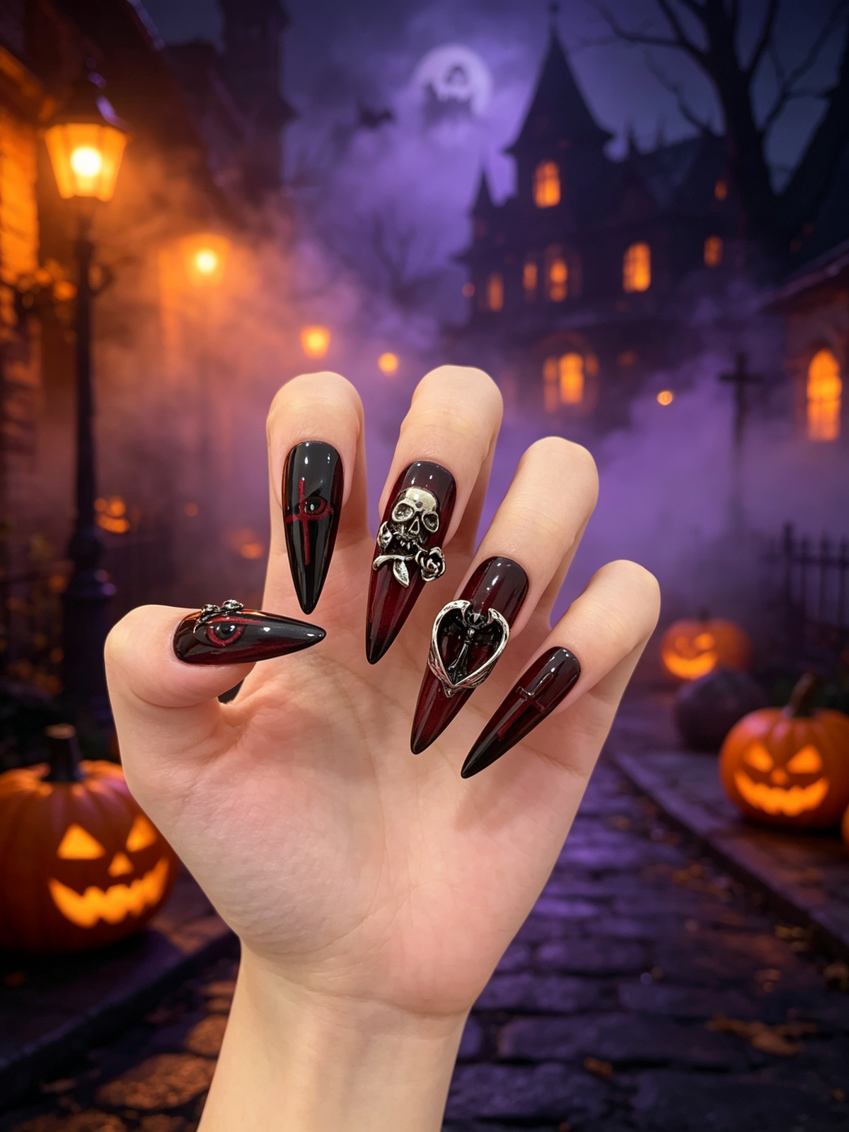 Gothic Red Black Cat Eye Stiletto Press-On Nails