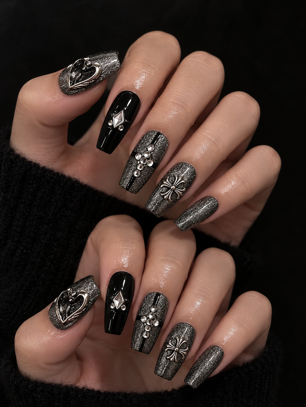 Dark Gothic Handcrafted Press - On Nails with Silver Glitter, Rhinestones & Vintage Metal Charms