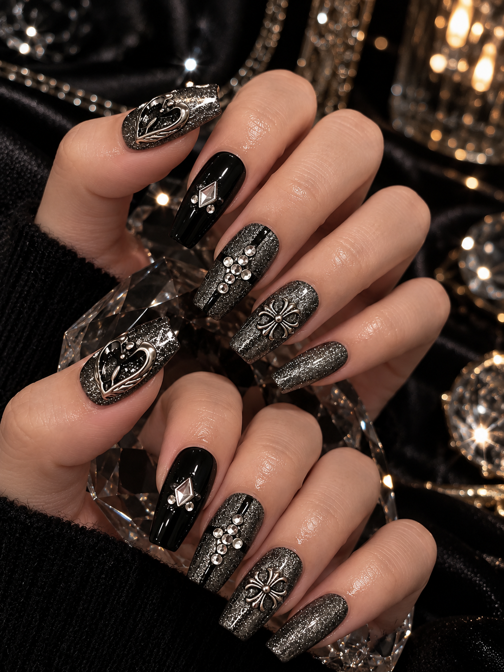 Dark Gothic Handcrafted Press - On Nails with Silver Glitter, Rhinestones & Vintage Metal Charms