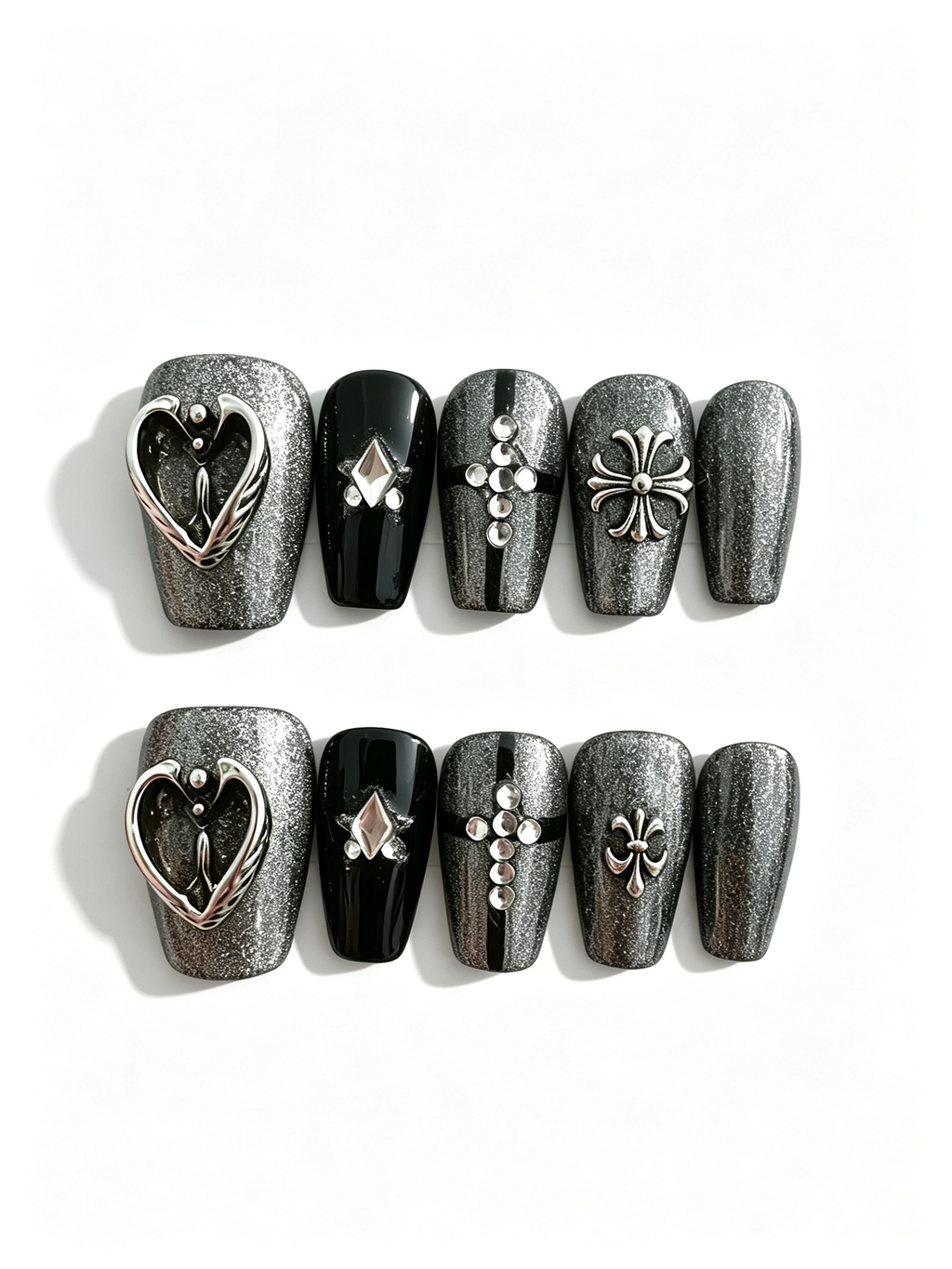 Dark Gothic Handcrafted Press - On Nails with Silver Glitter, Rhinestones & Vintage Metal Charms