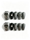 Dark Gothic Handcrafted Press - On Nails with Silver Glitter, Rhinestones & Vintage Metal Charms