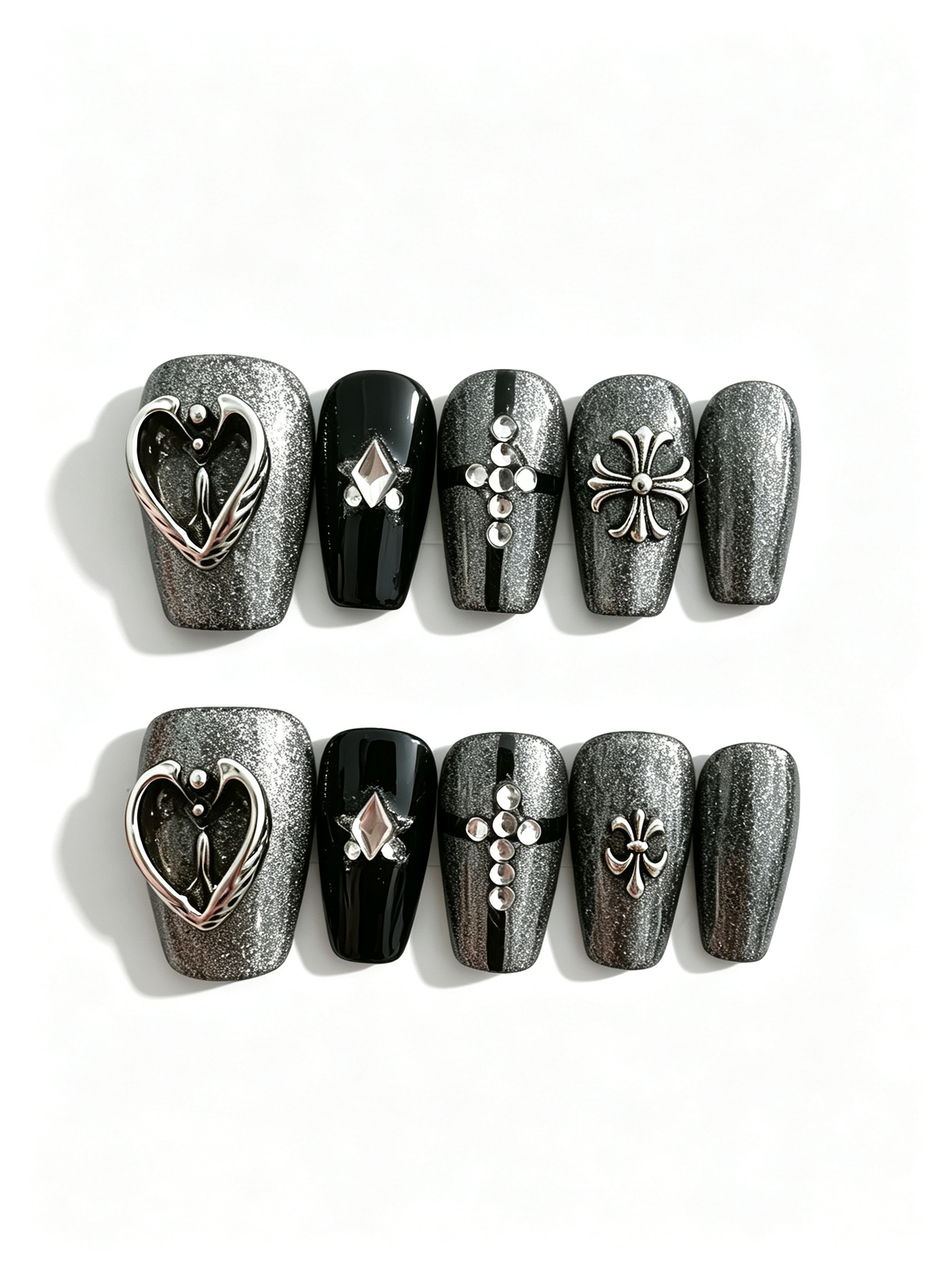 Dark Gothic Handcrafted Press - On Nails with Silver Glitter, Rhinestones & Vintage Metal Charms