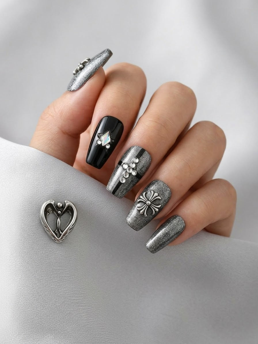 Dark Gothic Handcrafted Press - On Nails with Silver Glitter, Rhinestones & Vintage Metal Charms